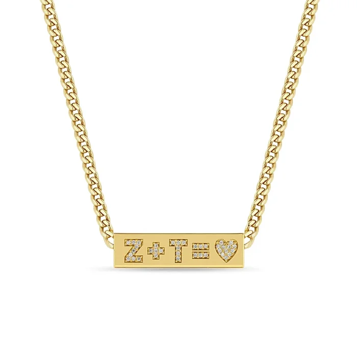 14k Curb Chain Pavé Diamond Heart Equation ID Necklace