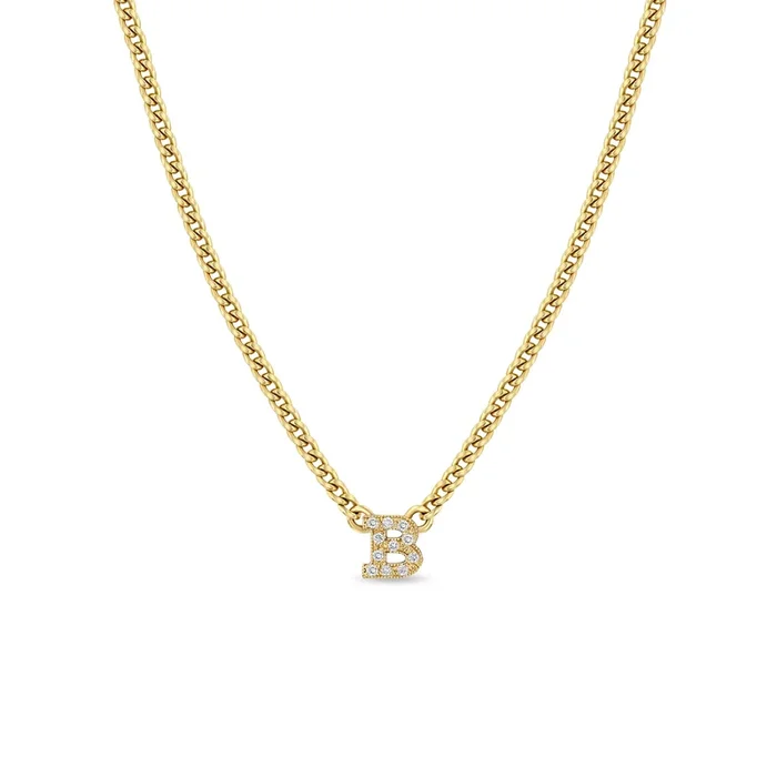 14k Curb Chain Pavé Diamond Initial Letter Necklace