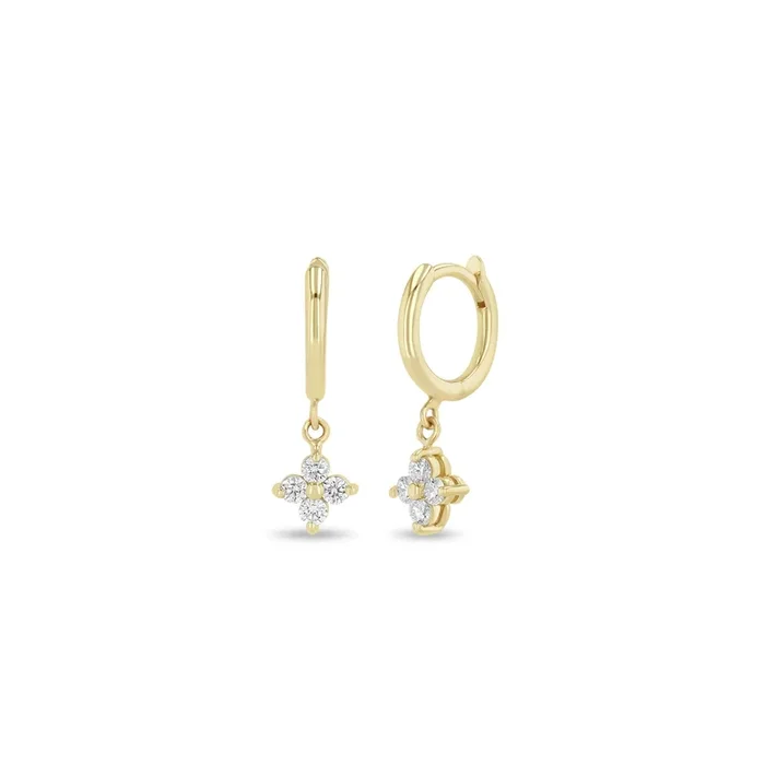 14k Dangling Medium Prong Diamond Quad Small Hinge Huggie Hoops