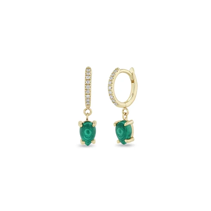 14k Dangling Pear Malachite Small Pavé Diamond Hinge Huggie Hoops