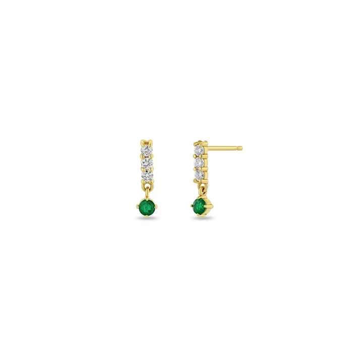 14k Diamond Bar Drop with Dangling Prong Emerald Earrings