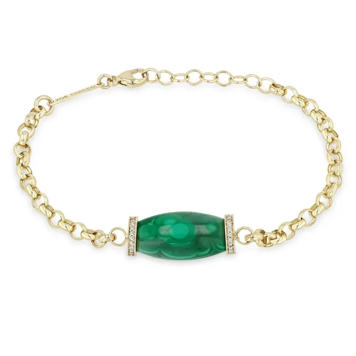 14k Diamond Malachite Barrel Bead Large Rolo Chain Bracelet