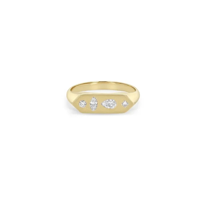 14k Diamond Mosaic Brushed Gold Elongated Hexagon Signet Ring