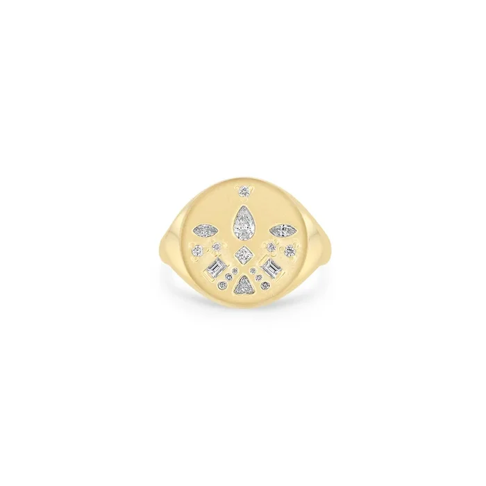 14k Diamond Mosaic Brushed Gold Round Signet Ring