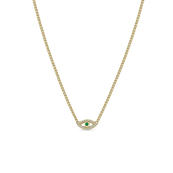 14k Emerald & Diamond Evil Eye Curb Chain Necklace