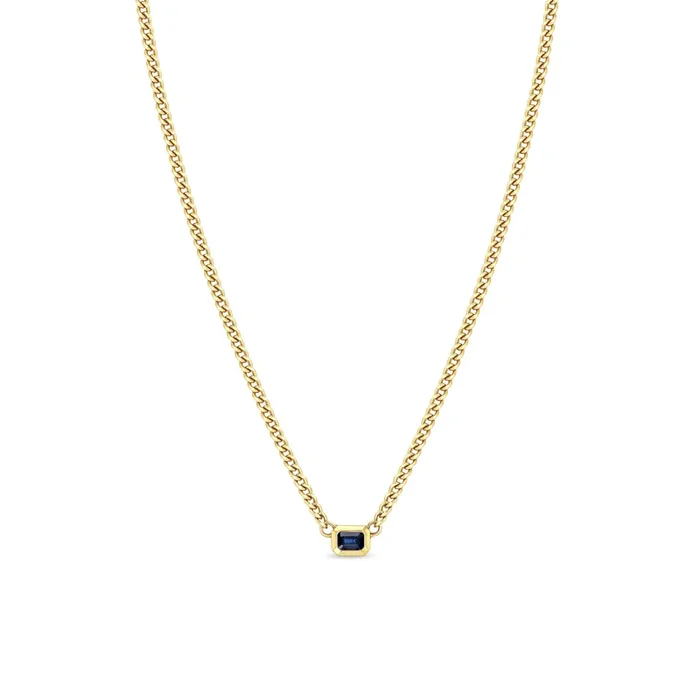 14k Emerald Cut Blue Sapphire Bezel XS Curb Chain Necklace