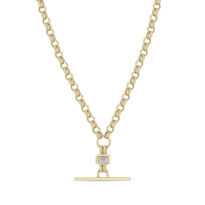 14k Emerald Cut Diamond Faux Toggle Rolo Chain Lariat Necklace