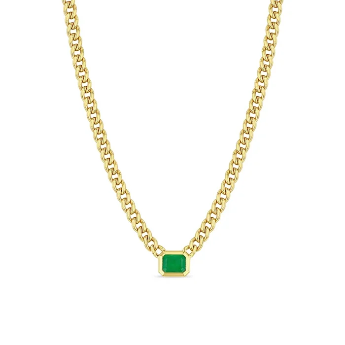 14k Emerald Cut Emerald Bezel Medium Curb Chain Necklace