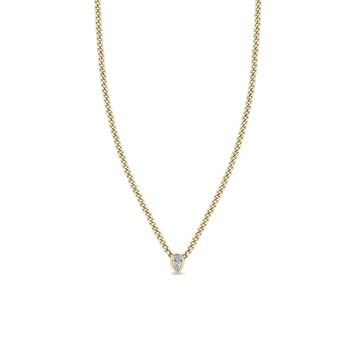 14k Extra Small Curb Chain Pear Diamond Bezel Necklace