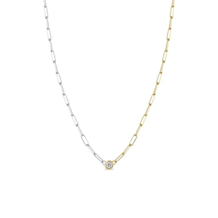 14k Floating Diamond Two Tone Gold Small Paperclip Chain Necklace