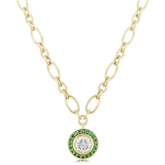 14K Gold Diamond & Emerald Vintage Style Necklace