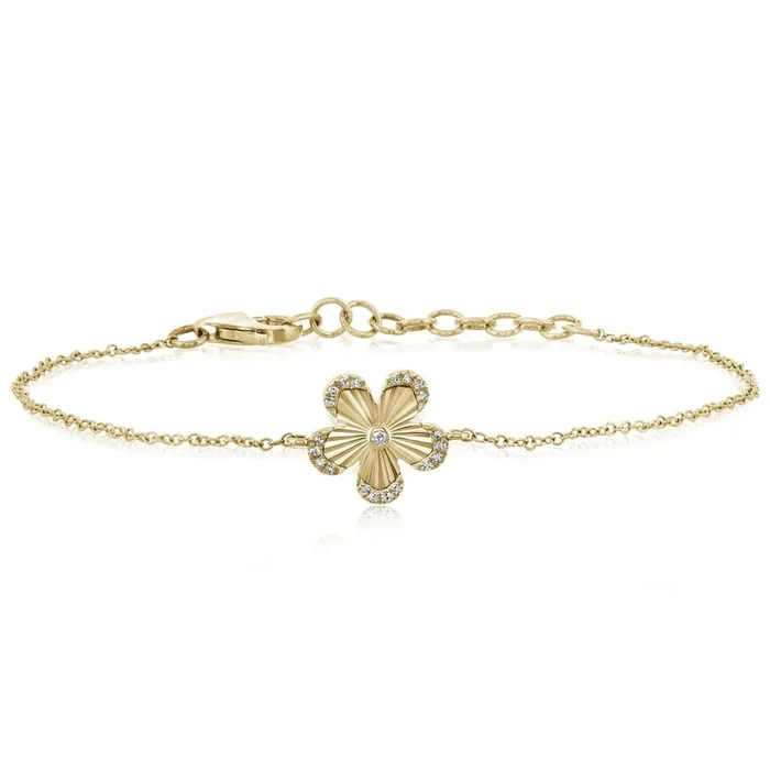 14K Gold Diamond Flower Fluted Chain Bracelet