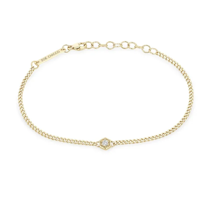 14k Gold Diamond Hexagon Curb Chain Bracelet