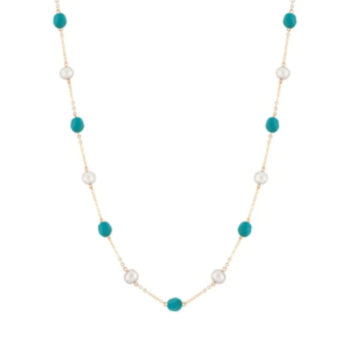 14k Gold Freshwater Pearl and Turquoise Necklace