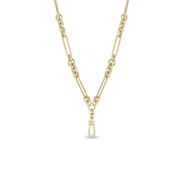 14k Gold Large Mixed Paperclip & Rolo Chain Necklace with Fob Clasp Drop