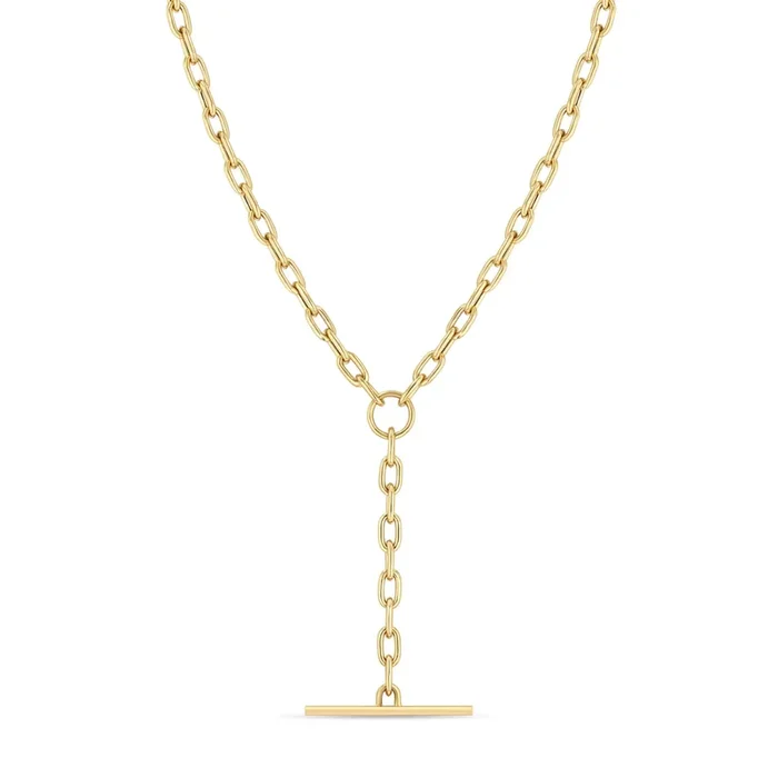14k Gold Medium Square Oval Link Faux Toggle Lariat Necklace