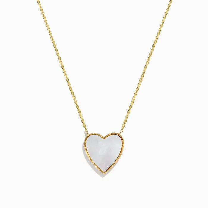 14K Gold Mother of Pearl and Diamond Reversible Heart Necklace