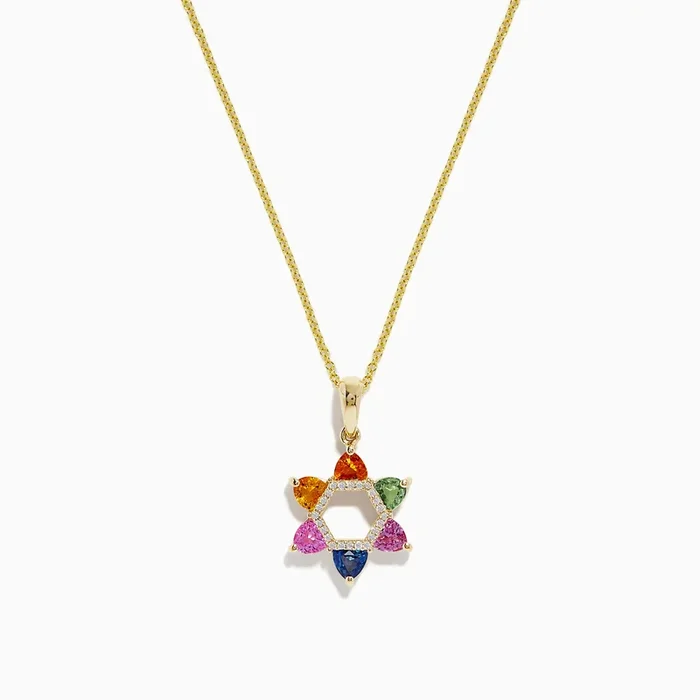 14K Gold Multi Sapphire & Diamond Star of David Pendant, 1.96 TCW