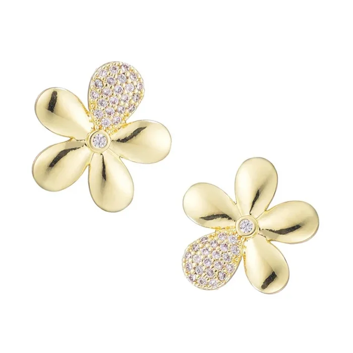 14k Gold Plated CZ Flower Petal Stud Earrings