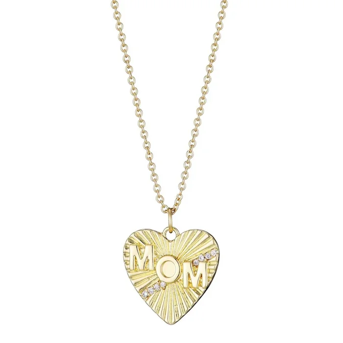 14k Gold Plated CZ Fluted Heart MOM Necklace