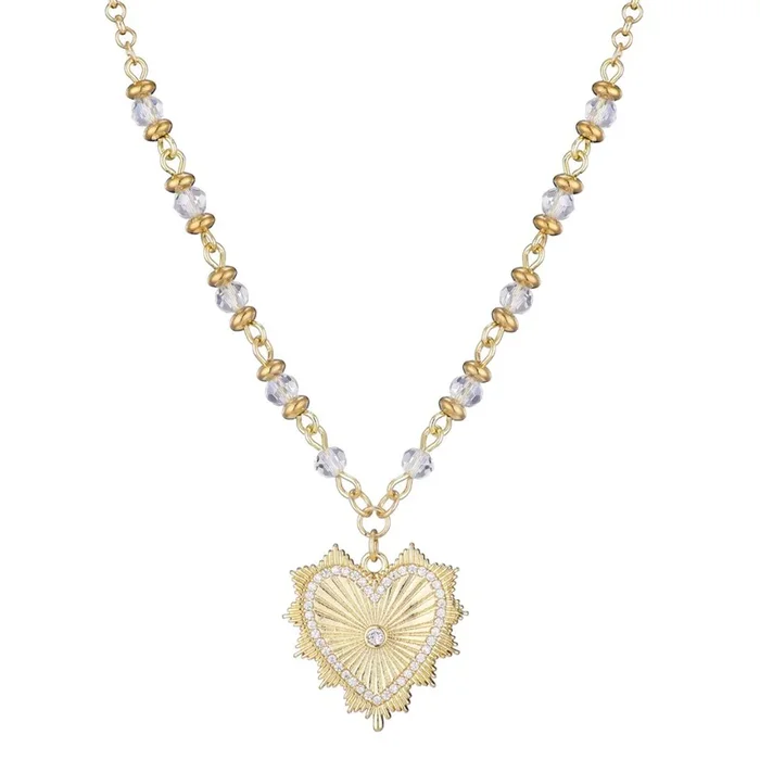 14k Gold Plated CZ Heart Necklace with Rosary Chain