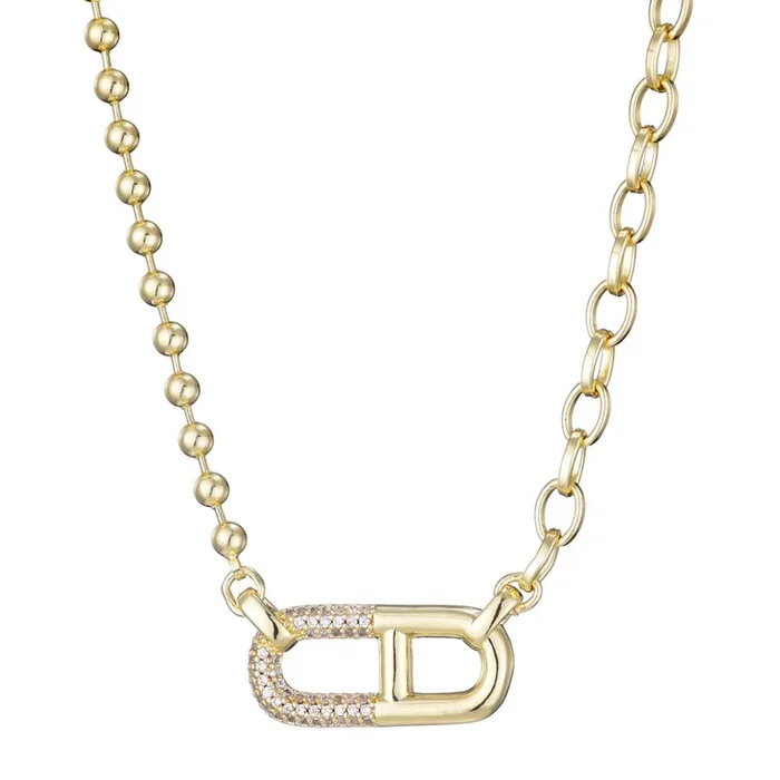 14k Gold Plated Mixed Chain CZ Sideways Pendant Necklace