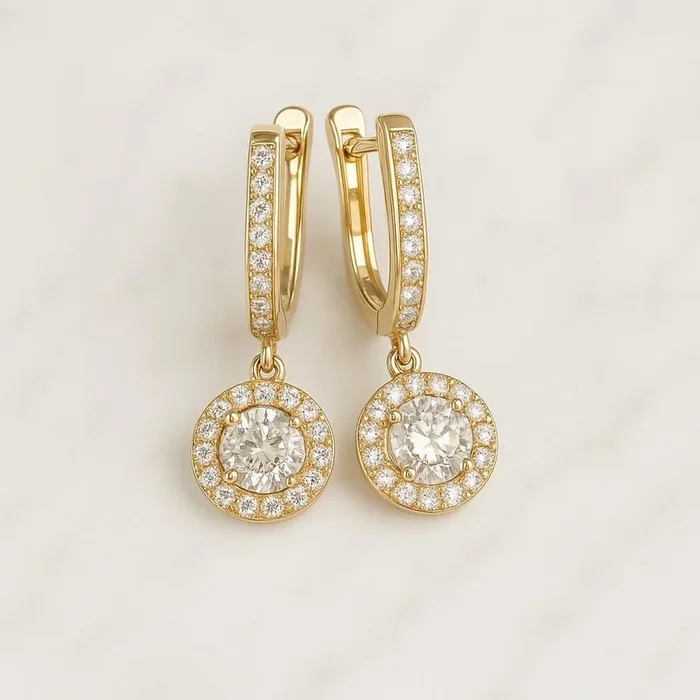 14K Gold Round Diamond Halo Set Hoop Earrings