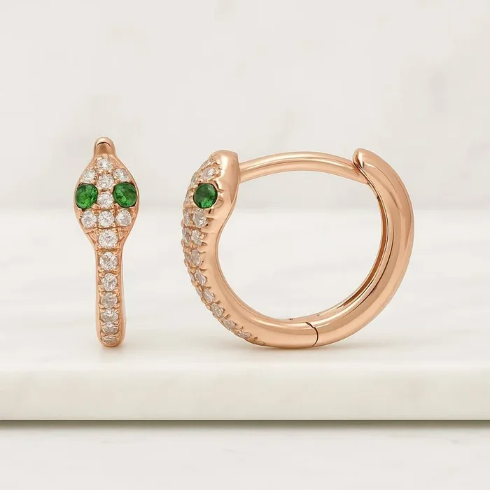 14K Gold Round Emerald Eyes Snack Earrings For Women