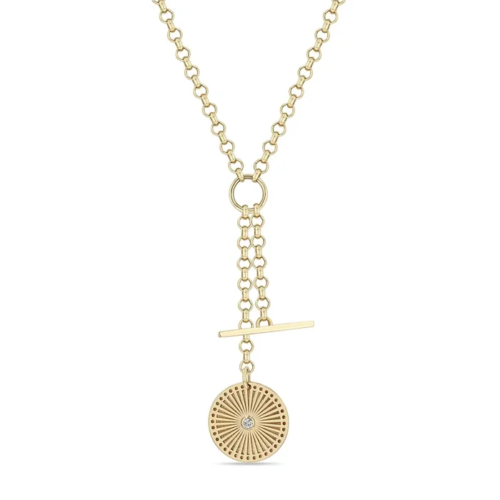 14k Gold Sunbeam Medallion & Toggle Medium Rolo Chain Lariat
