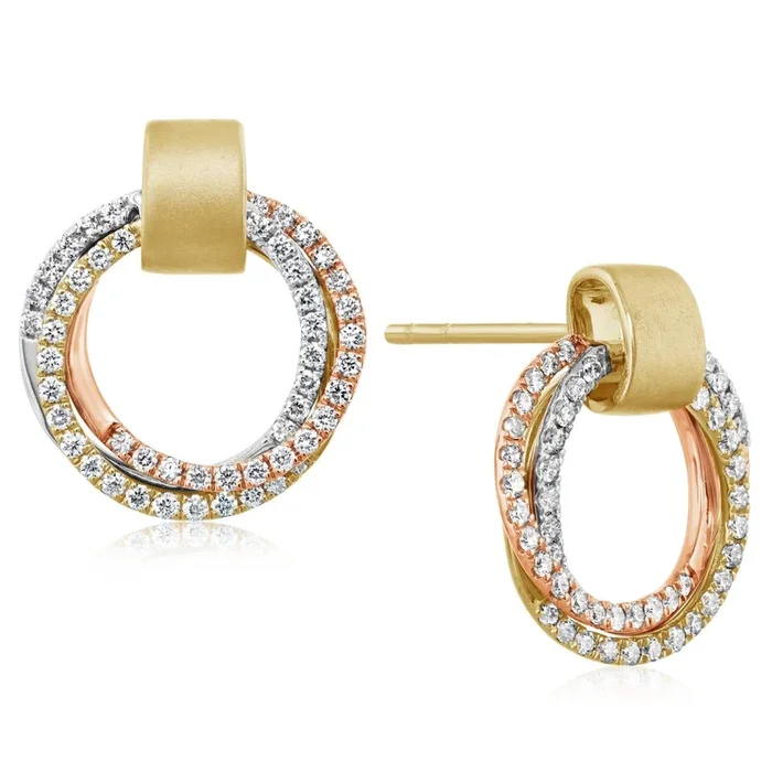 14K Gold Tri Color Diamond Interlocking Circle Earrings