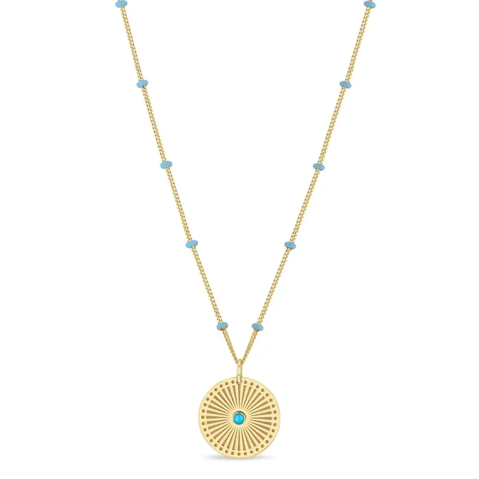 14k Gold Turquoise Sunbeam Medallion Satellite Chain Necklace