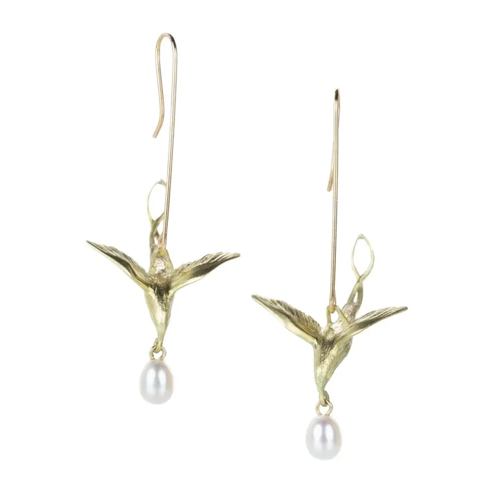 14k Green Gold Flying Bird Earrings with Pearls