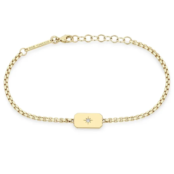 14k Horizontal Star Set Diamond Square Edge Dog Tag Bracelet