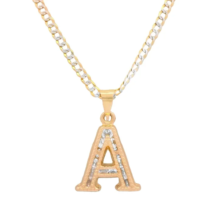 14K Initial (A) CZ Pendant w/ Solid Two Tone Cuban Chain (18” Inches) JTJ™