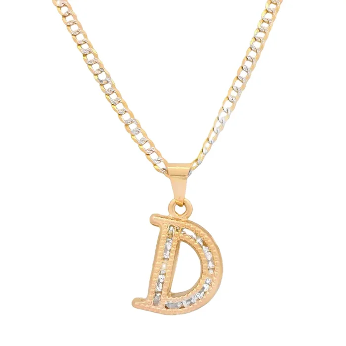 14K Initial (D) CZ Pendant w/ Solid Two Tone Cuban Chain (18” Inches) JTJ™