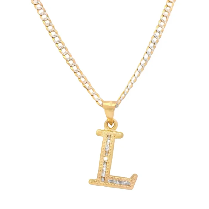 14K Initial (L) CZ Pendant w/ Solid Two Tone Cuban Chain (18” Inches) JTJ™