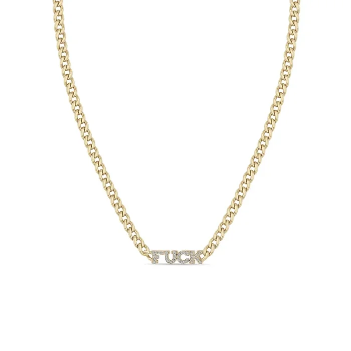 14k Itty Bitty Pavé Diamond FUCK Small Curb Chain Necklace