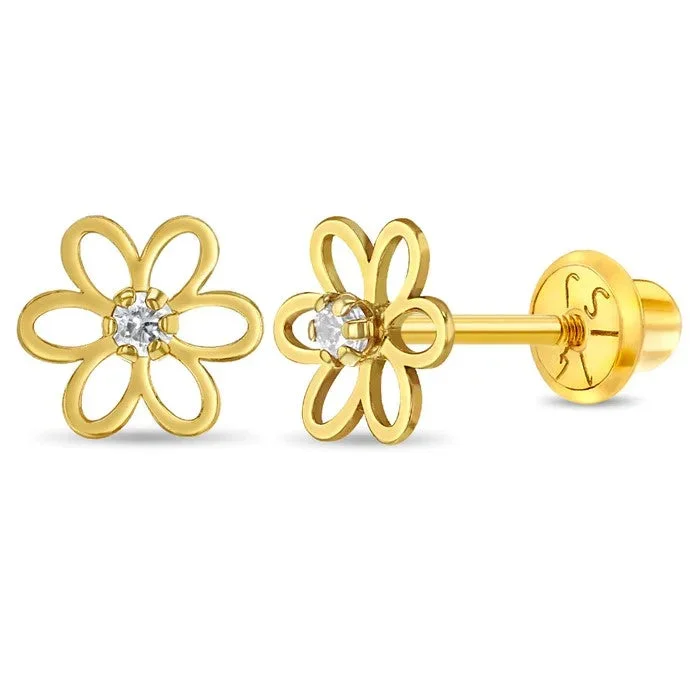 14k Jeweled Open Flower Girls Earrings