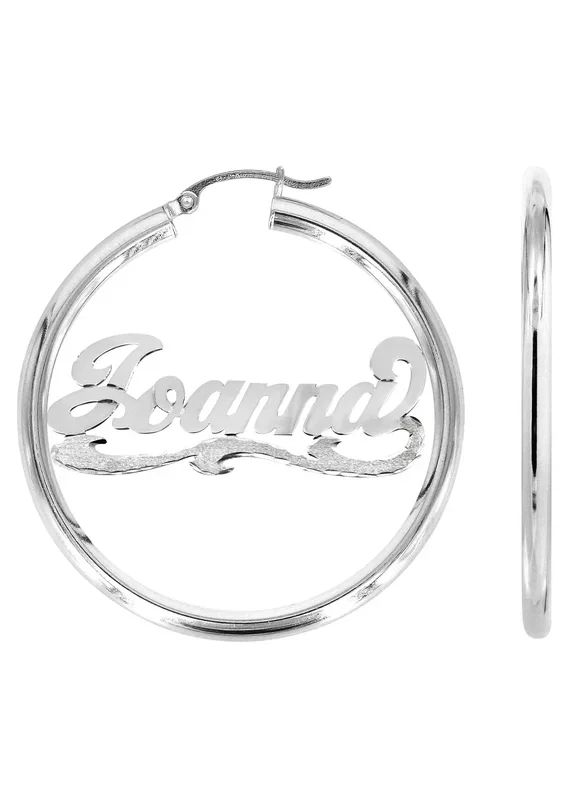 14K Ladies White Gold Diamond Cut Name Plate Hoop Earrings