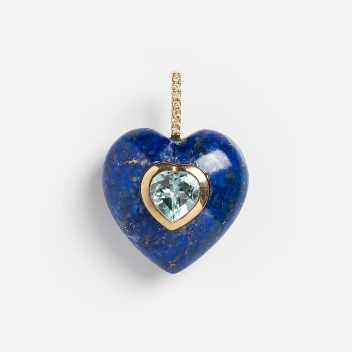 14k Lapis Lazuli and Blue Topaz Heart Pendant Charm