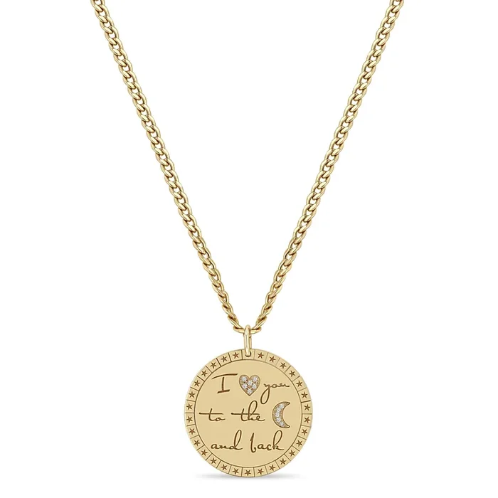 14k Large “I love you to the moon & back” Mantra Small Curb Chain Necklace