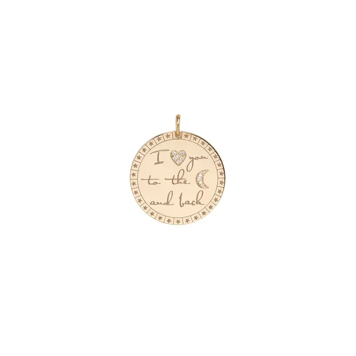 14k Large Pavé Diamond “I love you to the moon & back” Mantra Charm