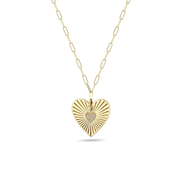 14k Large Pavé Diamond Radiant Heart Medallion on Small Paperclip Chain