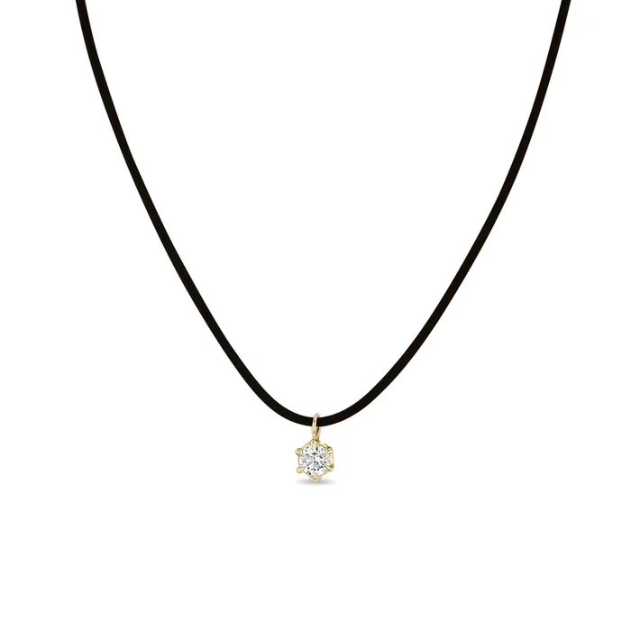 14k Large Prong Diamond Solitaire Leather Cord Necklace