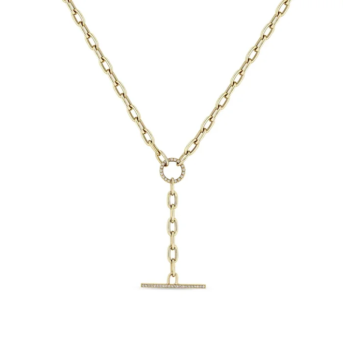 14k Large Square Oval Chain Pavé Diamond Faux Toggle Lariat Necklace