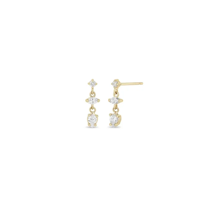 14k Linked Round, Marquise & Pear Diamond Short Drop Earrings