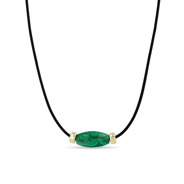 14k Malachite Barrel & Gold Rondelle Bead Leather Cord Necklace