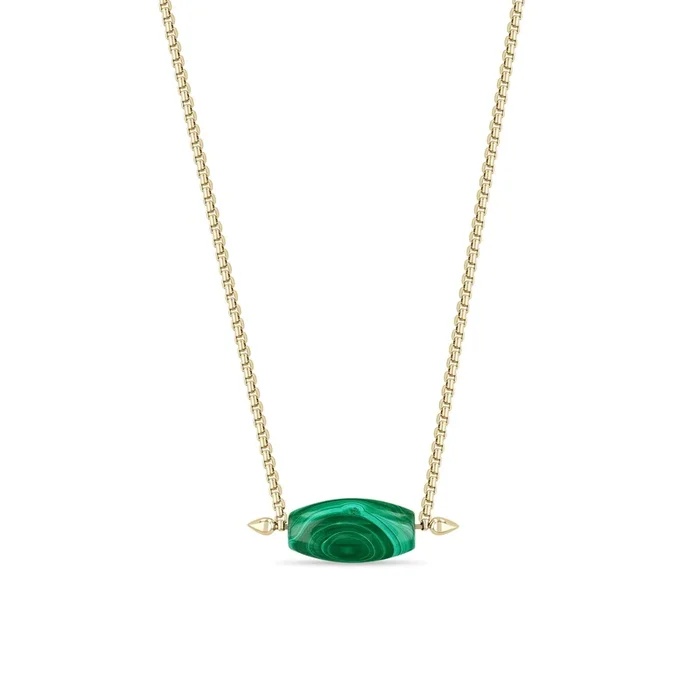14k Malachite Barrel Bead Small Box Chain Necklace