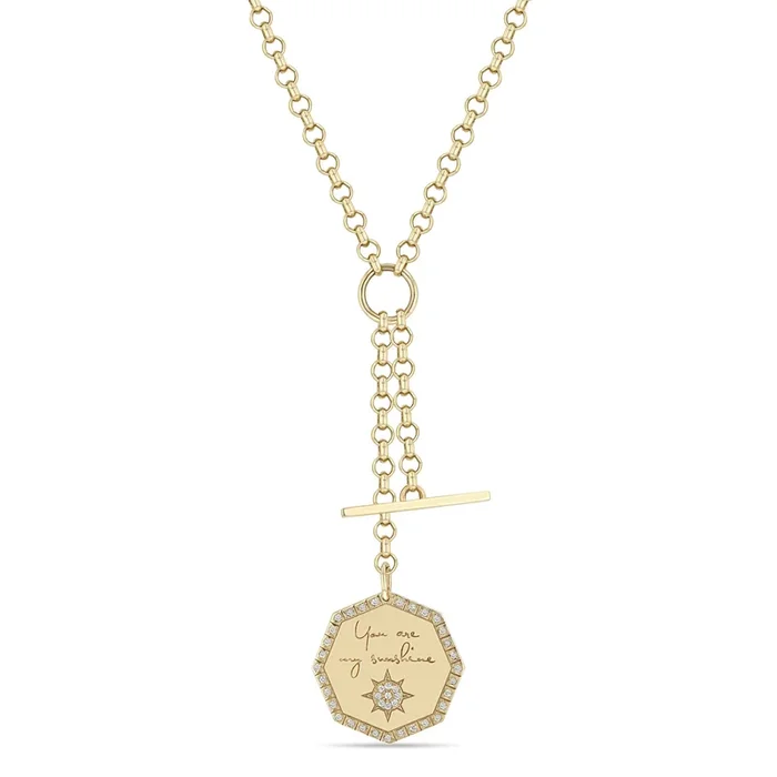 14k Medium “You are my sunshine” Diamond Octagon Mantra & Toggle Rolo Chain Lariat