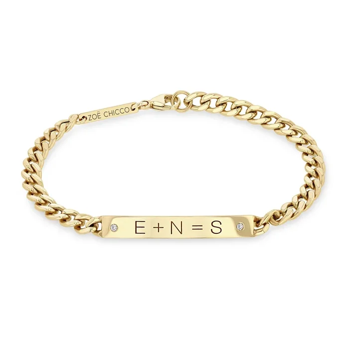 14k Medium Curb Chain Personalized Equation Bracelet with 2 Diamonds
